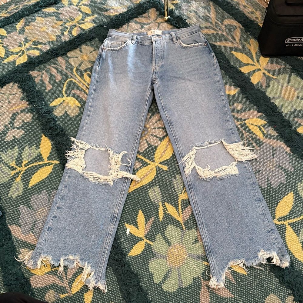 Free People We The Free Size 26 Maggie Distressed Straight Crop Jeans Raw Hem